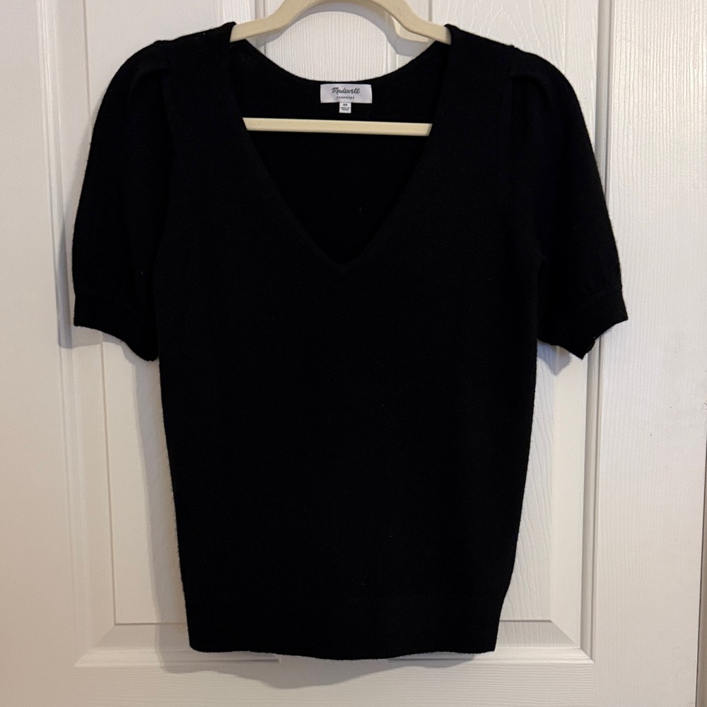 Madewell Black Puff Sleeve V-Neck Cashmere Sweater